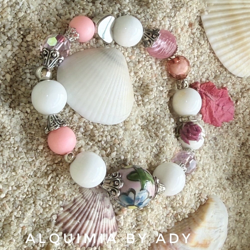 Alquimia Pink, White JADE & Green Floral Porcelain Beaded Stretch Bracelet